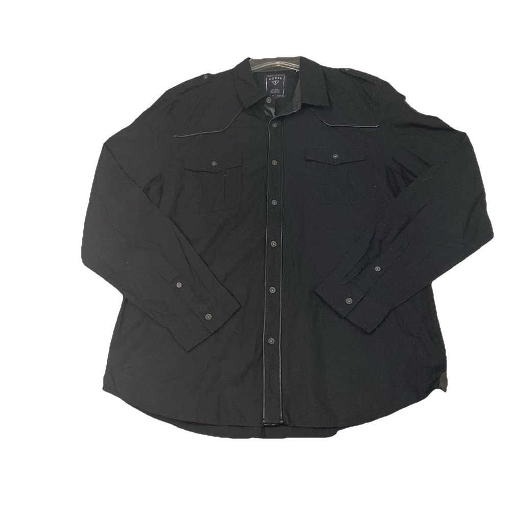 Guess leather‎ trim black long sleeve button down western shirt Sz XL